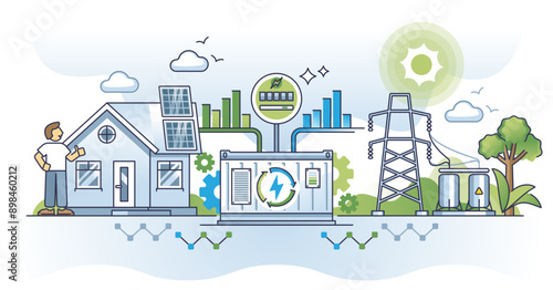 Solar energy inverters for nature friendly power system outline concept, transparent background. Storage and DC current inversion to AC electricity illustration.