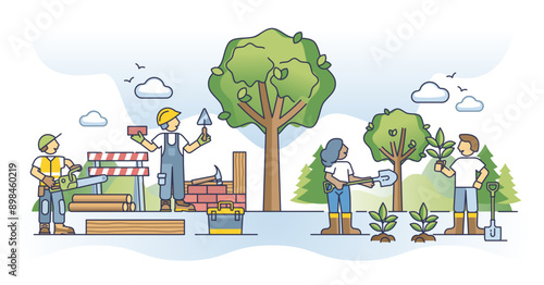 Nature vs urbanization as different contrast areas for living outline concept, transparent background.House construction and deforestation versus tree sapling for forest illustration.