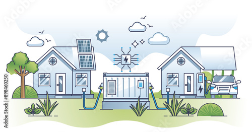 Smart grid solutions with solar panel energy storage unit outline concept, transparent background.