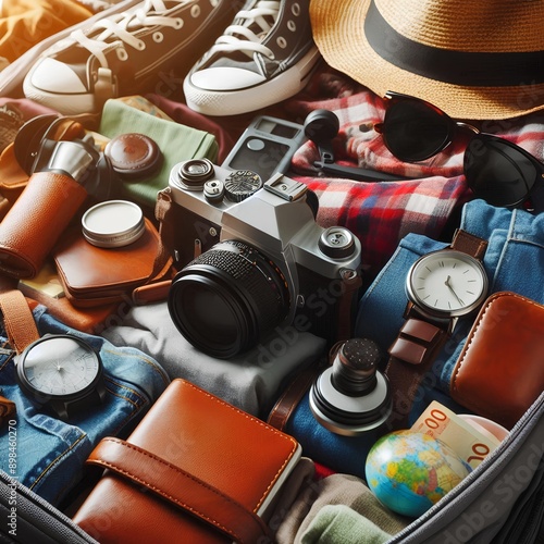 Close-up of a packed backpack with travel gear, ready for a summer vacation.