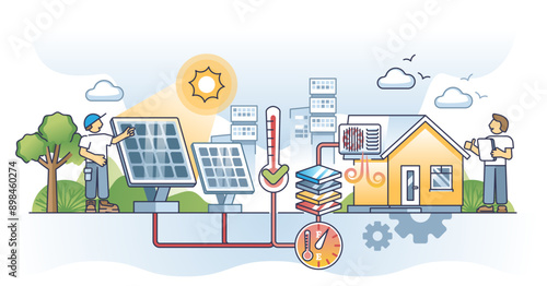 Solar thermal storage for heat accumulation and storage outline concept, transparent background. Sun panels usage for house heating and temperature control illustration.