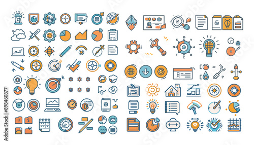 Continuous improvement icons set. ontaining product, service,improvement, achieve,planning, assurance, customer icon,Manufacturing Tools, Product Assembly,Industrial Design, Production Efficiency