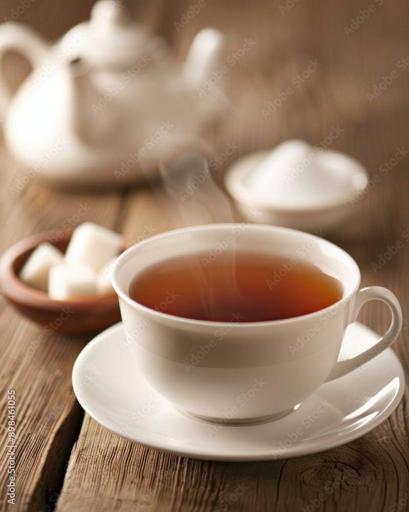 Steaming Cup of Black Tea in Delicate Porcelain Cup on Wooden Table with Teapot and Sugar Cubes in Natural Lighting Steaming Cup of Black Tea in Delicate Porcelain Cup on Wooden Table with Teapot and Sugar Cubes in Natural Lighting