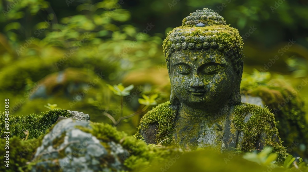 A highly detailed and serene image of a moss-covered Buddha statue, standing out vividly A highly detailed and serene image of a moss-covered Buddha statue, standing out vividly