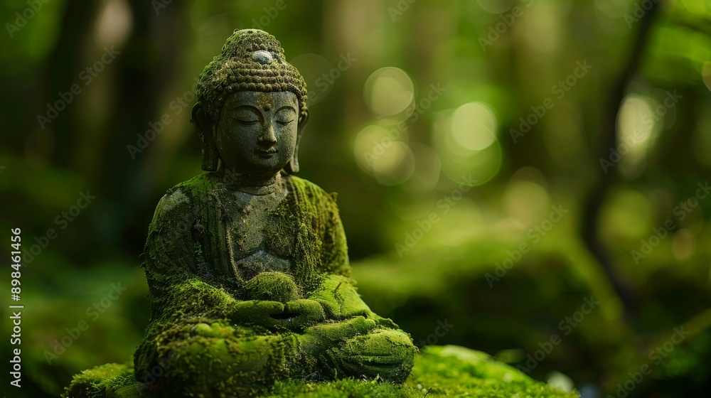 A highly detailed and serene image of a moss-covered Buddha statue, standing out vividly A highly detailed and serene image of a moss-covered Buddha statue, standing out vividly