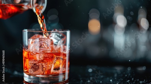 A bartender pours a refreshing red cocktail into a glass filled with translucent ice cubes, showcasing the striking visual contrast and the excitement of a freshly made drink.