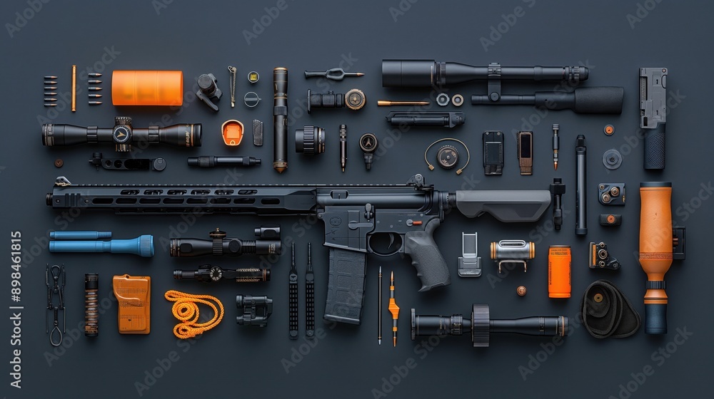 A comprehensive layout of various firearm components and accessories neatly arranged on a blue background. A comprehensive layout of various firearm components and accessories neatly arranged on a blue background.