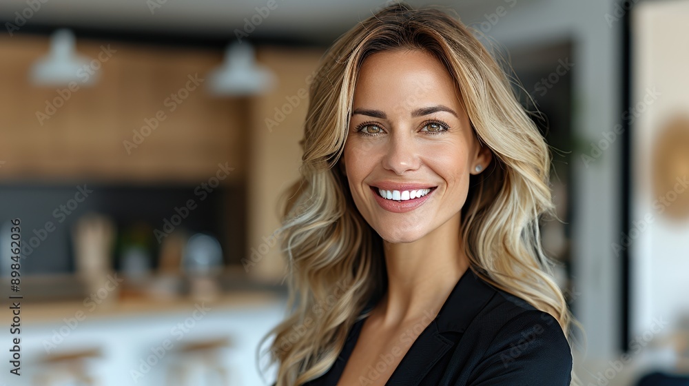 A professionally dressed woman with blonde hair is smiling brightly while standing in a modern and stylish kitchen with blurred background elements A professionally dressed woman with blonde hair is smiling brightly while standing in a modern and stylish kitchen with blurred background elements