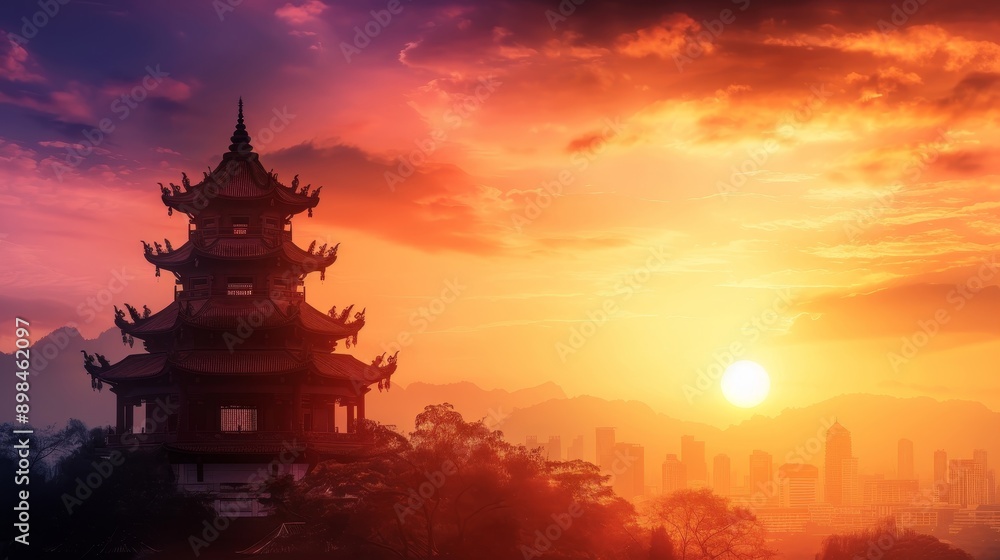 Fototapeta premium A stunning sunset silhouetting a traditional pagoda against a vibrant sky, capturing the beauty of nature and culture harmoniously.