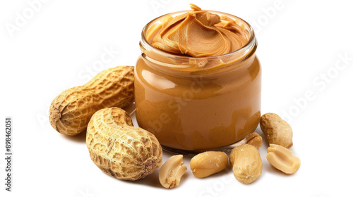 Tasty nut paste in jar and peanuts isolated on transparent