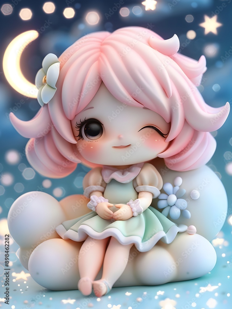 Whimsical Pastel Doll Sitting on Dreamy Cloud Under Starry Night Sky Whimsical Pastel Doll Sitting on Dreamy Cloud Under Starry Night Sky