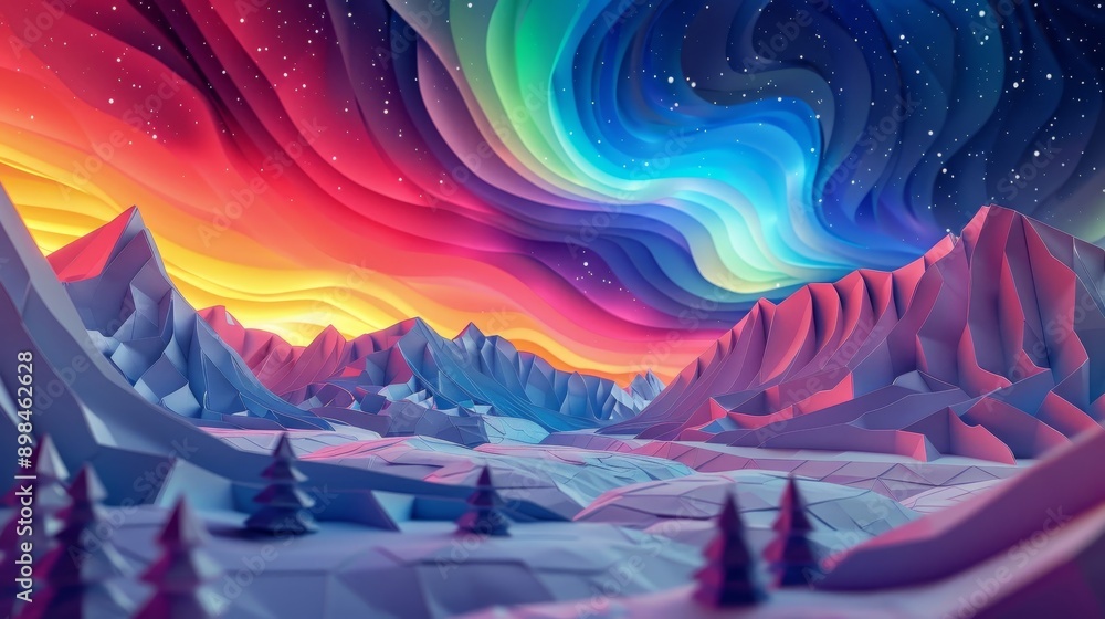 Vibrant abstract landscape featuring mountains under a colorful aurora sky with stars, creating a dreamy, artistic atmosphere. Vibrant abstract landscape featuring mountains under a colorful aurora sky with stars, creating a dreamy, artistic atmosphere.