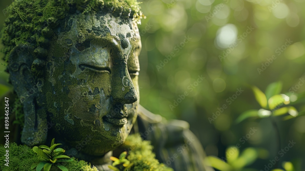 A serene and realistic depiction of a moss-covered Buddha statue, showcasing intricate details A serene and realistic depiction of a moss-covered Buddha statue, showcasing intricate details