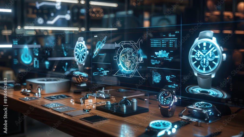 digital watchmaker's workshop with timepiece designs and mechanism simulations displayed on holographic screens digital watchmaker's workshop with timepiece designs and mechanism simulations displayed on holographic screens