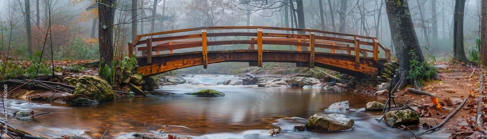 Natural timber bridge over a forest stream, rustic design, rich wood ...