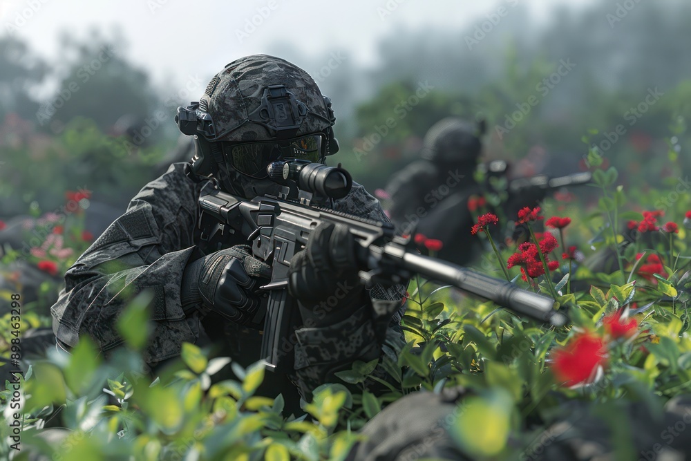 Military Soldiers in Camouflage Gear Engaging in Combat Training Exercise with Rifles, Showing Precision Shooting Skills and Tactical Maneuvers Military Soldiers in Camouflage Gear Engaging in Combat Training Exercise with Rifles, Showing Precision Shooting Skills and Tactical Maneuvers