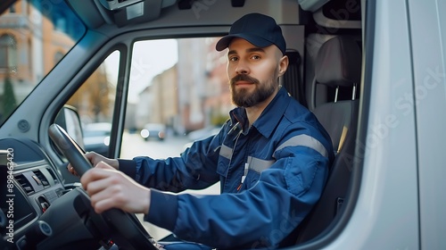 Delivery Driver in Van Looking at Camera. photo