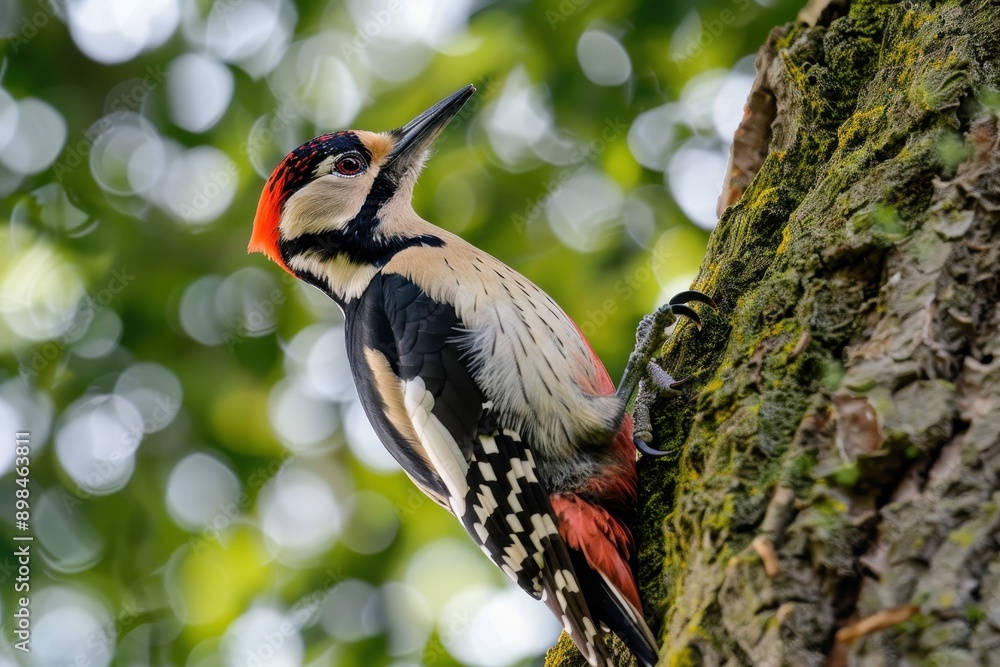 Obraz premium A great spotted woodpecker clinging to the side of a tree, with its vivid red cap contrasting against the bark. 