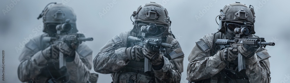 Fototapeta premium Three Soldiers in Combat Gear Prepare for Battle, Aiming Their Rifles with Precision, Ready to Engage the Enemy in a Tense and Dangerous Situation This Image Captures the Intensity and Focus Required