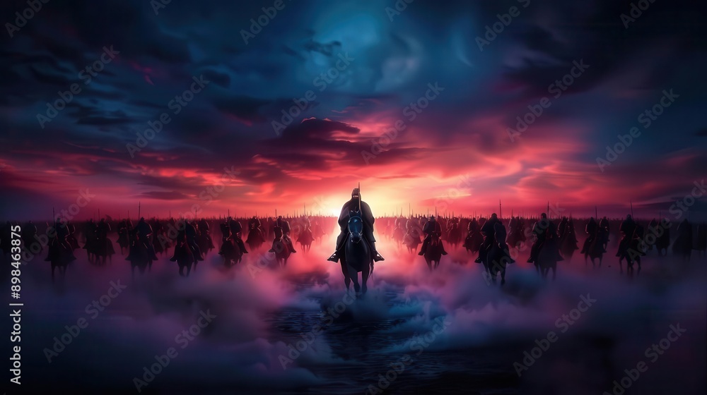 A cavalry charge through a misty battlefield, Gothic, Dark tones, Digital art A cavalry charge through a misty battlefield, Gothic, Dark tones, Digital art