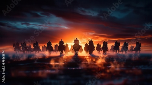 A cavalry charge through a misty battlefield, Gothic, Dark tones, Digital art photo