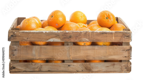 Fresh oranges in wooden crate isolated on transparent background