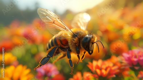 Honey bee is flying and collecting pollen in a colorful flower field during a sunny day