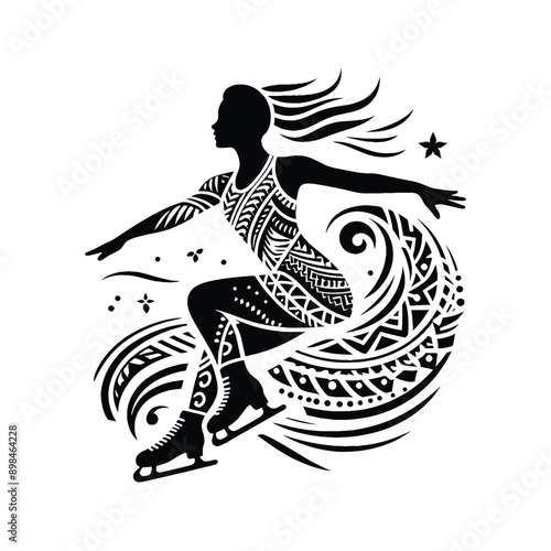 figure skating female player in ethnic polynesia pattern illustration, emblem shield badge