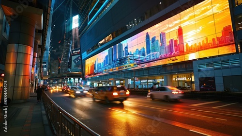 dynamic advertising display using OLED technology to show changing content in a high-traffic business district