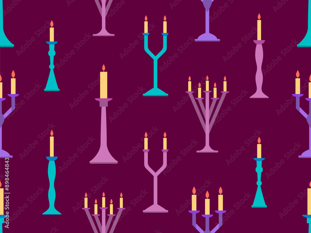 Fototapeta premium Candlesticks seamless pattern. Candlestick with candles. Candle holder with burning candles. Design for wallpapers, wrappers, covers and banners. Vector illustration