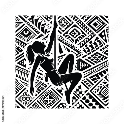 Climbing,  Bouldering  female player in ethnic polynesia pattern illustration, emblem shield badge