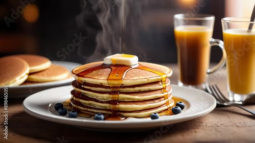 Pancakes drizzled with honey. Close-up, smoke animation