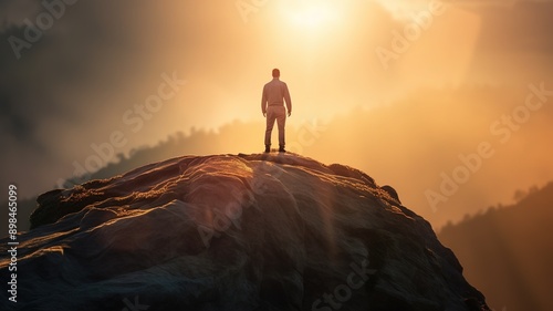 Man on the top of a rock meeting sun.