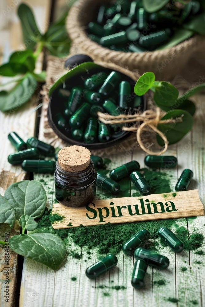 Spirulina powder and supplement capsules. Selective focus. Spirulina powder and supplement capsules. Selective focus.
