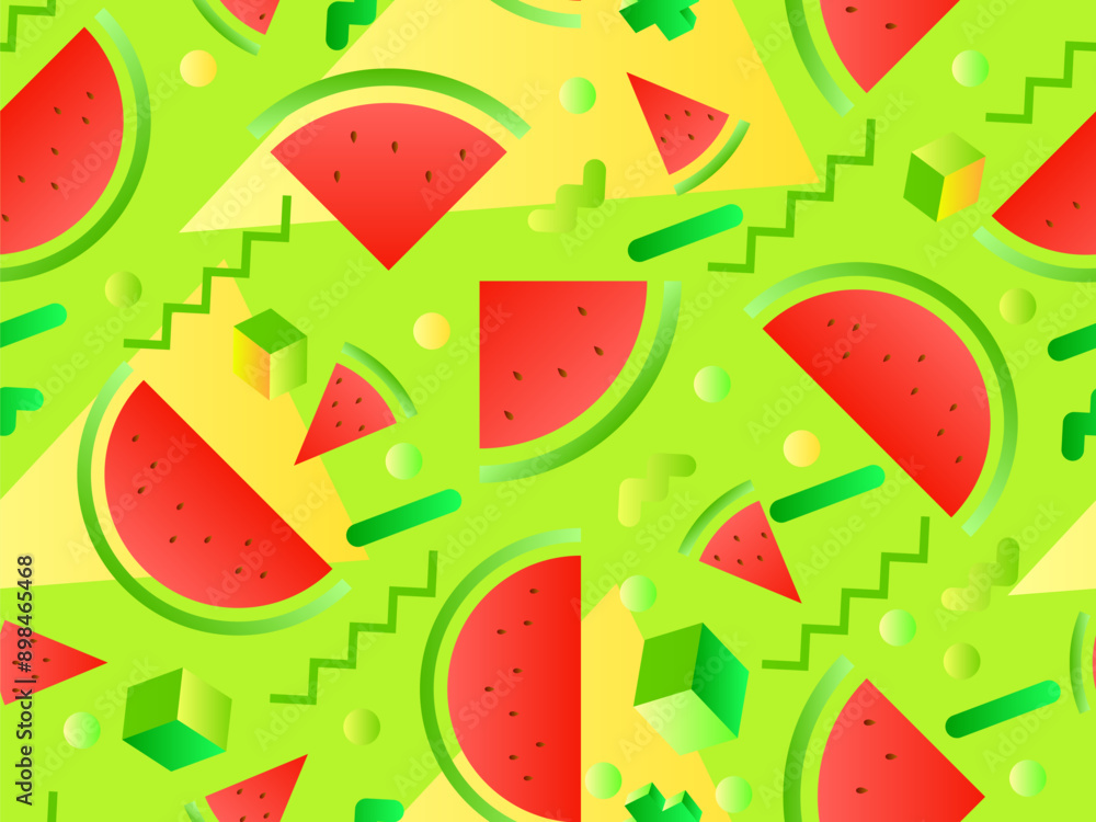 Watermelons and geometric shapes seamless pattern. Gradient geometric shapes and watermelon slices with seeds. Design for wallpapers, wrappers, covers and banners. Vector illustration Watermelons and geometric shapes seamless pattern. Gradient geometric shapes and watermelon slices with seeds. Design for wallpapers, wrappers, covers and banners. Vector illustration
