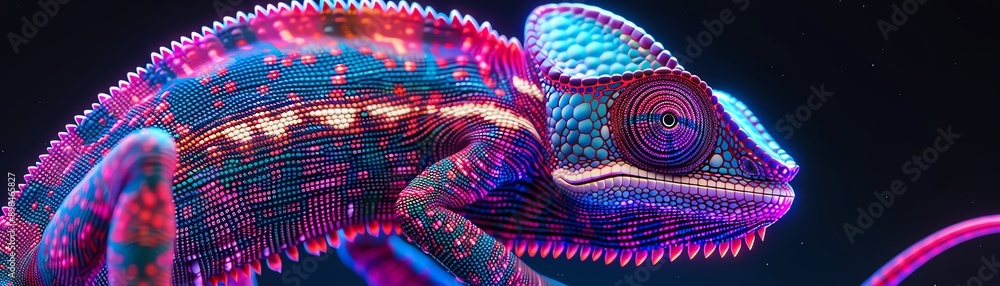 3D render of a neon chameleon with digital patterns, tech gadgets integrated, futuristic 3D render of a neon chameleon with digital patterns, tech gadgets integrated, futuristic