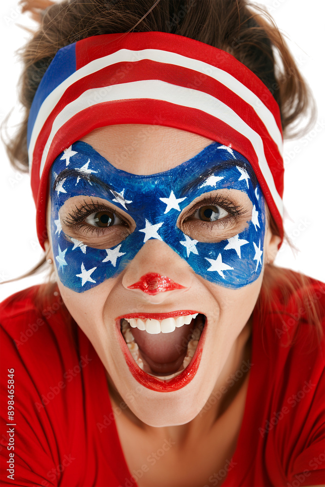 Happy American woman with American flag face paint alone against transparent background Happy American woman with American flag face paint alone against transparent background