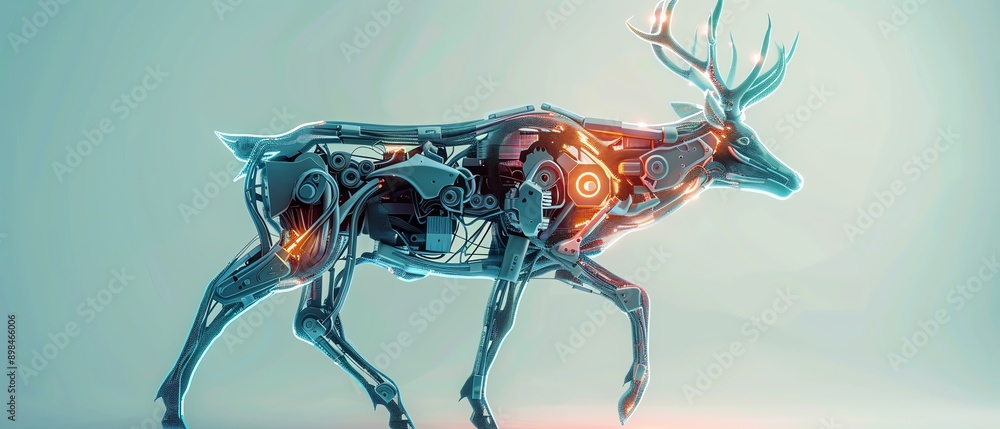 Neoninfused robotic deer with holographic antlers, tech gadgets, 3D render Neoninfused robotic deer with holographic antlers, tech gadgets, 3D render