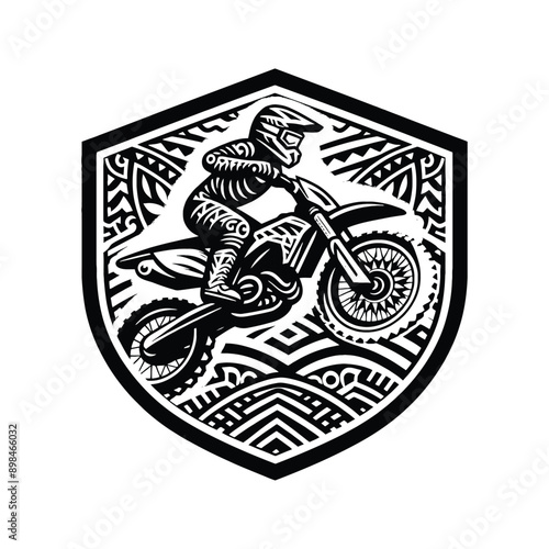 Motocross female player in ethnic polynesia pattern illustration, emblem shield badge