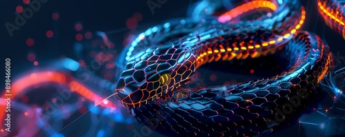 Neon snake with cybernetic scales, glowing tech gadgets, futuristic, 3D render photo