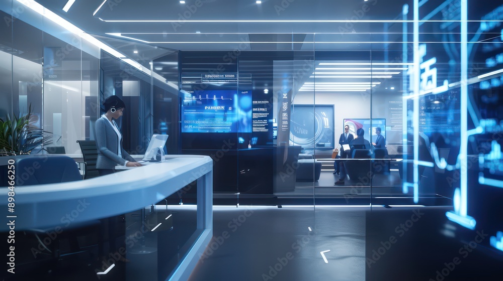 futuristic bank with virtual meeting spots, where financial advisors interact with clients through holographic displays futuristic bank with virtual meeting spots, where financial advisors interact with clients through holographic displays