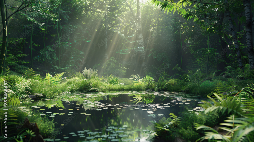 Obraz premium Serene Morning Forest Pond