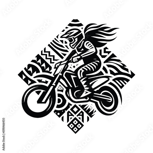 Motocross  female player in ethnic polynesia pattern illustration, emblem shield badge