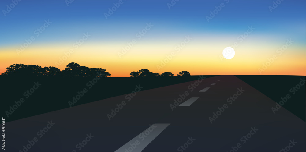 Concept du trajet et du voyage, avec une route qui disparaît à l’horizon au lever du jour.