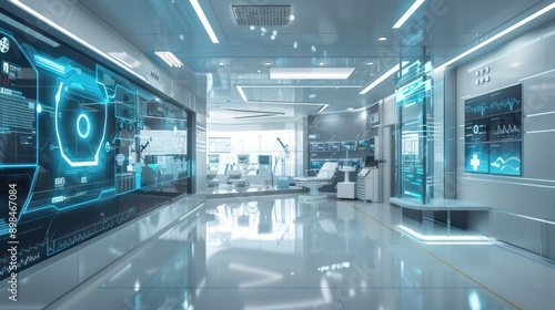 futuristic medical clinic with telemedicine interfaces and patient monitoring systems on digital displays