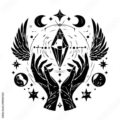 Magic crystal gem with crescent moon and stars in witch hands of fortune teller line art and dot work. Boho chic tattoo, poster or altar veil print design vector illustration