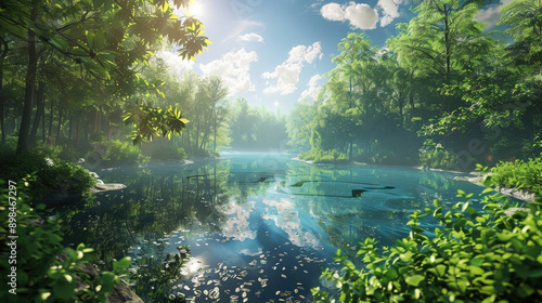 Serene Morning Lake with Lush Greenery