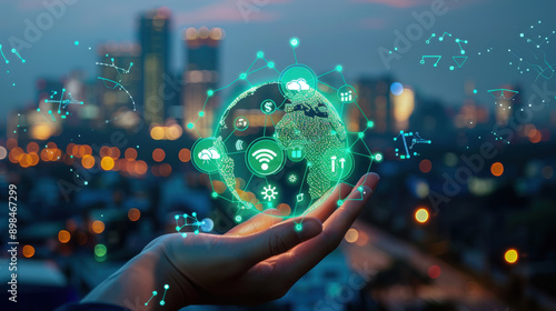 Innovative Smart City at Dusk: Future Concepts. City skyline at dusk with a hand holding a glowing globe displaying futuristic smart city technology icons photo