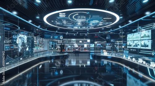 futuristic retail analytics center with customer flow data and shopping behavior metrics on interactive displays