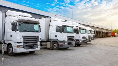 Wallpaper Mural A row of white semi trucks are parked in a parking lot. The sun is setting in the background Torontodigital.ca